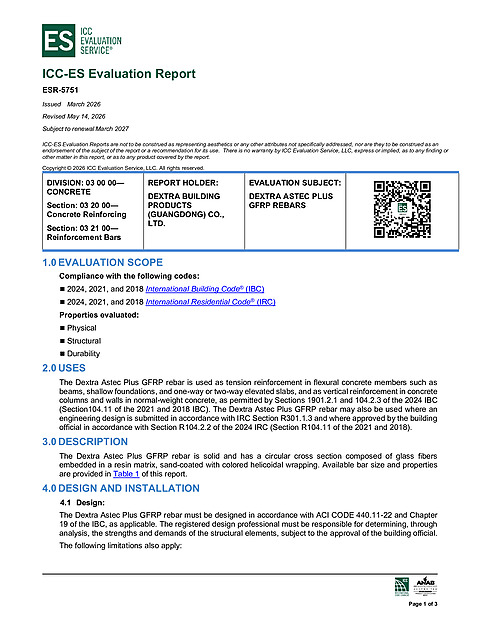 ICC-ES ESR-5751 - Astec Plus GFRP Rebar