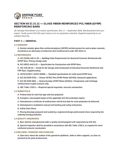 CSI Spec 03 21 21.11 - GFRP Reinforcing Bars