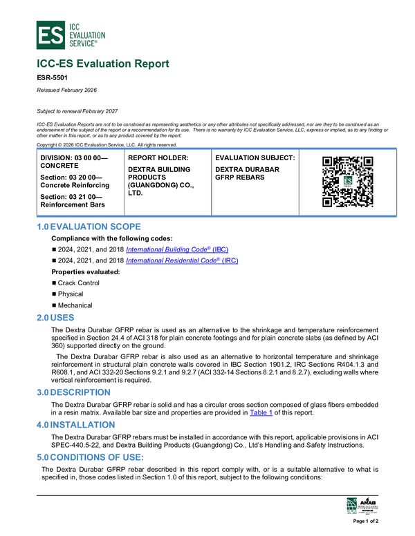ICC-ES ESR-5501 - Dextra GFRP Rebar